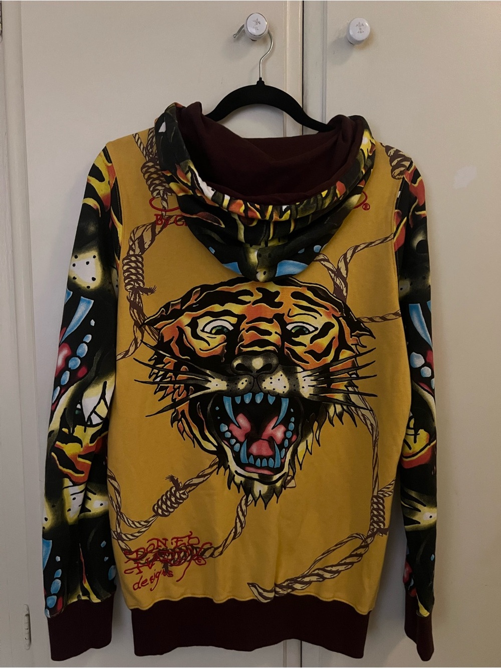 Ed Hardy Yellow Graphic Tiger Crewneck Hoodie with Multicolor Accents